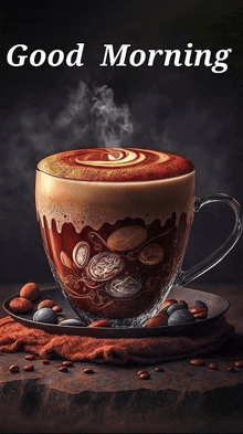 a picture of a cup of coffee with the words good morning written on the bottom