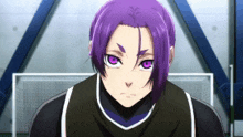 a soccer player with purple hair and purple eyes