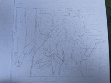 a drawing of three people standing next to each other with one holding a cell phone