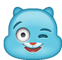 a blue cartoon face with a wink on its eye