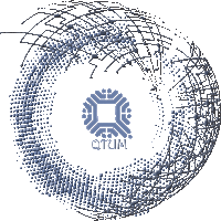 a logo for qtum is surrounded by dots