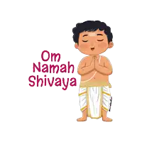 a cartoon of a boy praying with the words om namah shivaya behind him
