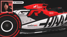 a man in a black hat stands next to a red and white race car with orion180 insurance written on the side