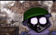 a cartoon character wearing a green helmet and purple eyes is standing in front of a battle scene .