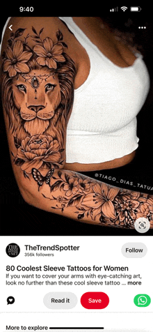 a woman has a tattoo of a lion with flowers and butterflies on her arm