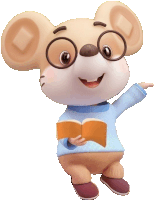 a cartoon mouse wearing glasses and a blue sweater holds a book