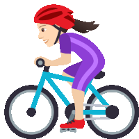 a woman wearing a red helmet rides a blue bike