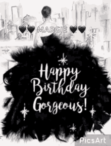 a black and white photo of a woman in a black dress with the words `` happy birthday gorgeous ! ''