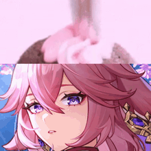 a close up of a girl 's face with pink hair and blue eyes