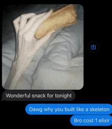 a screenshot of a text message with a person holding a bread stick