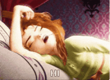 a cartoon character laying on a bed with the word hi on the bottom right