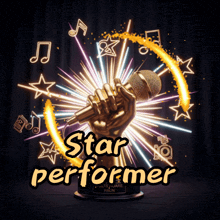 a gold hand holding a microphone with the words star performer written below it