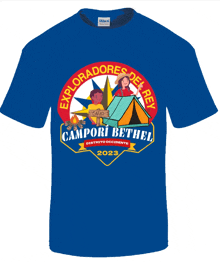 a blue t-shirt that says exploradores de rey campori bethel on it