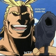 a young man is pointing a gun at the camera .