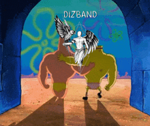 a cartoon of spongebob holding a statue with the word dizband on the bottom