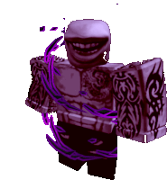 a purple robot with a tattoo on his chest is smiling and holding a purple shield .