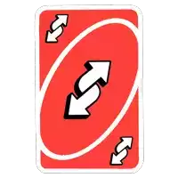 a red uno card with two white arrows pointing in opposite directions on a white background