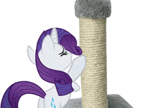 a cartoon pony with a purple mane and tail is scratching a rope post