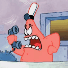 patrick star from spongebob squarepants is angry and talking on a phone .