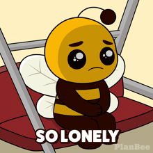 a cartoon of a bee sitting on a chair with the words " so lonely " above it