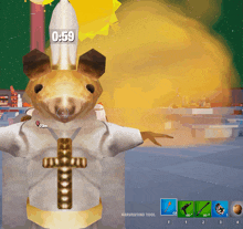 a screenshot of a video game shows a mouse with a cross on his chest and the time 0:59