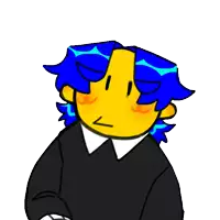 a yellow cartoon character with blue hair is smiling and wearing a black shirt .