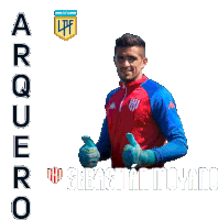 a man in a red and blue jacket with the name arquero