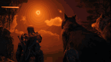 a man and a wolf are looking at the sun in a video game