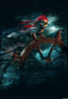 a painting of a pirate holding a steering wheel in the dark