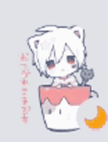 a drawing of a cat boy sitting in a cup with a mouse .