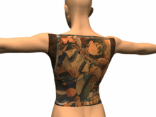 a man with a tattoo on his back that says ' happy emperor ' on it