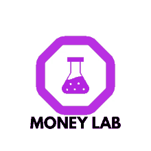 a purple logo for money lab with a beaker in the middle