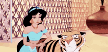 a cartoon of jasmine sitting next to a tiger with a vase in the background