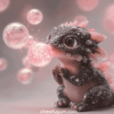 a picture of a dragon blowing bubbles with fugum written on them