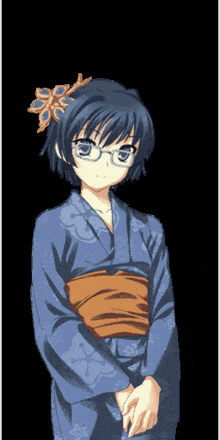 a pixel art drawing of a girl in a blue kimono