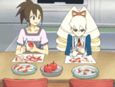 two cartoon characters are sitting at a table with plates of food