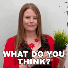 a woman in a red sweater is holding a potted plant and says what do you think