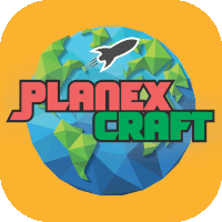 a logo for planex craft shows a rocket flying over a globe