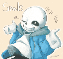 a drawing of a skeleton giving a thumbs up with the word sans above him