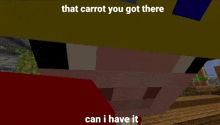 a screenshot of a minecraft game with the words " that carrot you got there can i have it "