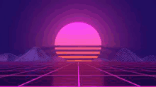 a sunset over a futuristic landscape with mountains in the background and a grid in the foreground .