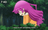 a cartoon of a girl with purple hair says " i want to eat something sweet "