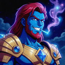 a cartoon drawing of a man with blue hair and a red beard smoking a cigarette