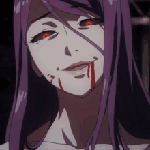 a close up of a person with purple hair and red eyes with blood on her face .