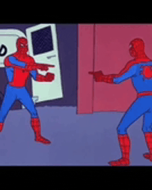 two spidermans are standing next to each other and pointing at each other in a cartoon .