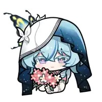 a drawing of a girl with blue hair and a butterfly on her head holding flowers