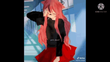 a girl with long pink hair is standing in a hallway with her eyes closed .