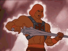 he man from the masters of the universe is holding a sword in his hands .