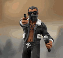 a statue of a man wearing a mask and sunglasses holding a gun and a microphone