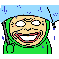 a cartoon drawing of a person wearing a green helmet holding an umbrella